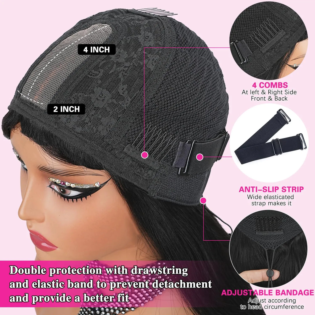 [New Upgrade Drawstring] Straight Wig with Bangs Human Hair 2x4 Lace Wig Glueless Machine Made Wig 180% Density Middle Part for Black Women