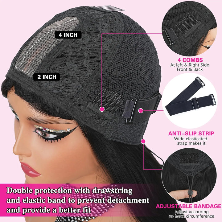 [New Upgrade Drawstring] Straight Wig with Bangs Human Hair 2x4 Lace Wig Glueless Machine Made Wig 180% Density Middle Part for Black Women