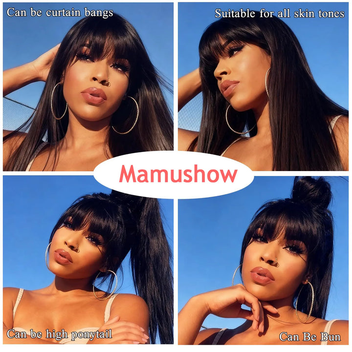 [New Upgrade Drawstring] Straight Wig with Bangs Human Hair 2x4 Lace Wig Glueless Machine Made Wig 180% Density Middle Part for Black Women