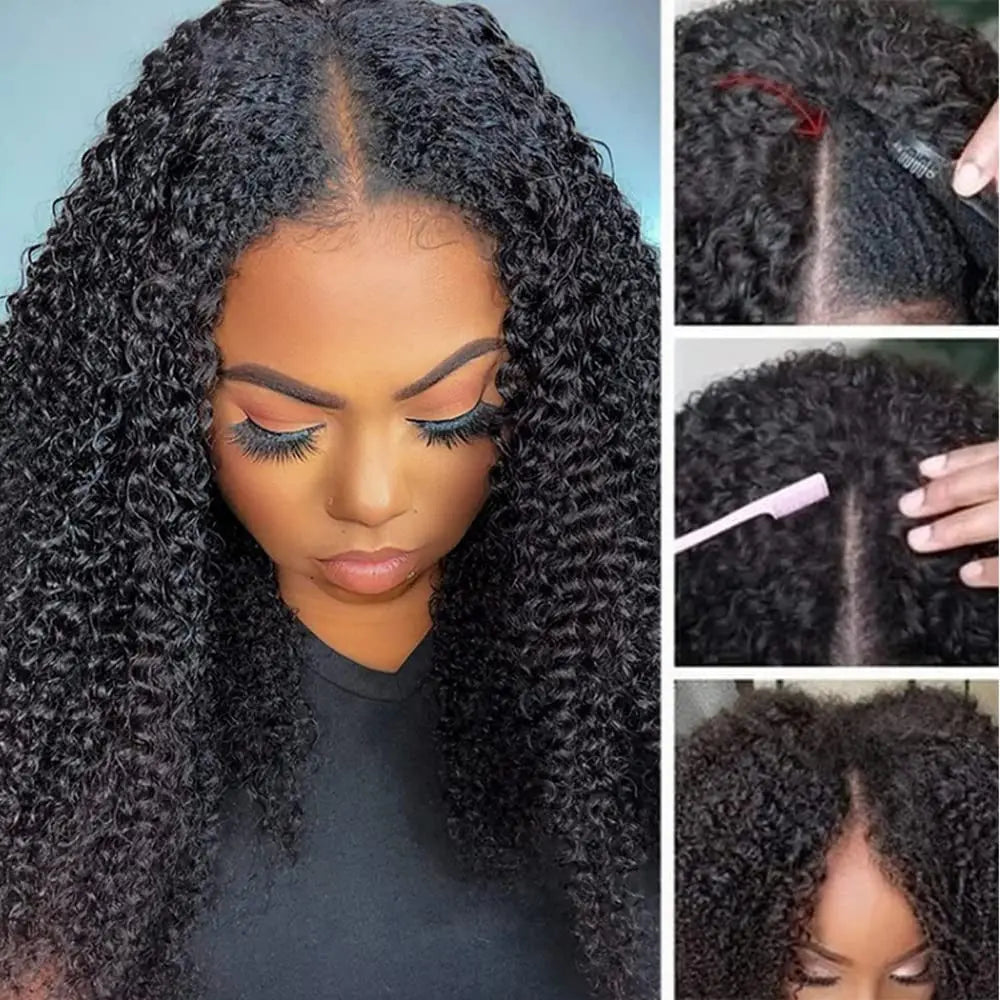 【Updated Drawstring】Mamushow Curly V Part Wig Human Hair Glueless Invisible Strap Drawstring 180% Density Natural Black