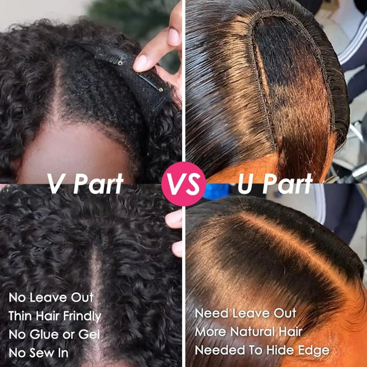 Highlight Ombre Brown V Part Wig Straight Human Hair 180% Density Glueless Clip-In Wig Full Head 