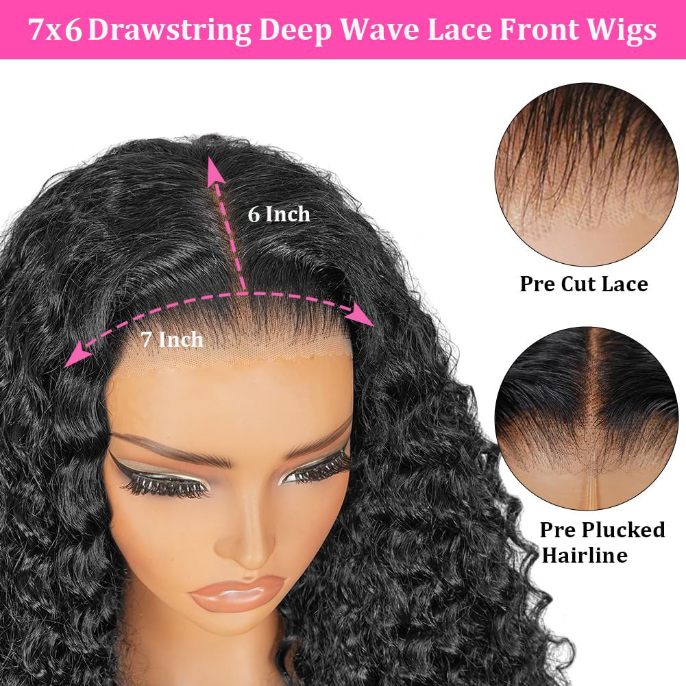 Wear &amp; Go 7x6 Deep Wave Wig Lace Front Glueless Wig Invisible Drawstring