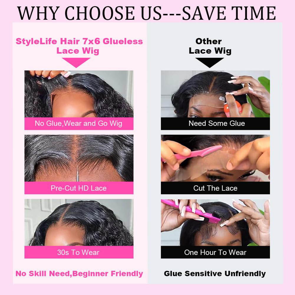 Wear &amp; Go 7x6 Deep Wave Wig Lace Front Glueless Wig Invisible Drawstring