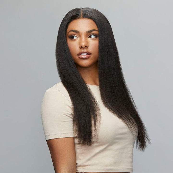 【Updated Drawstring】Mamushow Yaki Straight V Part Wig Human Hair Glueless Invisible Strap Drawstring 180% Density Natural Black