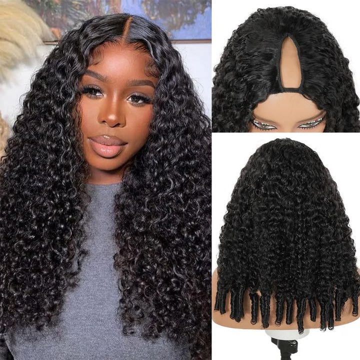 【Updated Drawstring】Mamushow Burmese Curly V Part Wig Human Hair Glueless Invisible Strap Drawstring 180% Density Natural Black