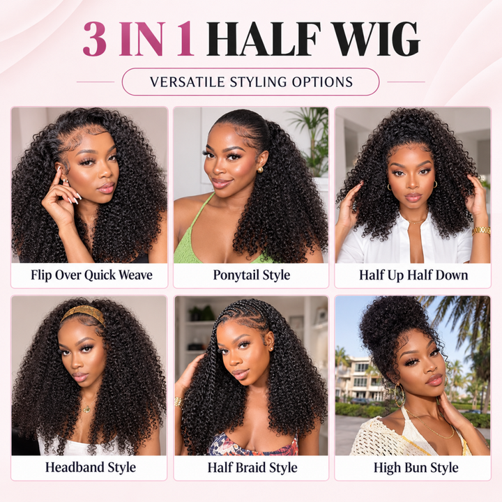 Flash Sale | 3 in 1 Burmese Curly Half Wig Human Hair 180% Density Glueless Wear &amp; Go Wig Beginner Friendly
