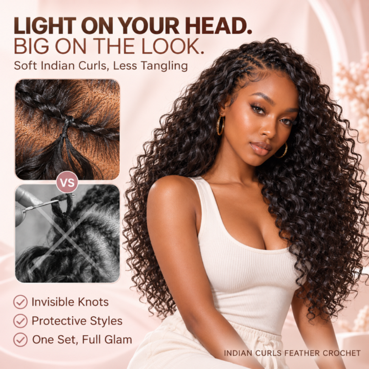 Mamushow Natural Black Feather Crochet Indian Curly Human Hair Extensions Lightweight Fluffy Natural Look Crochet Hair