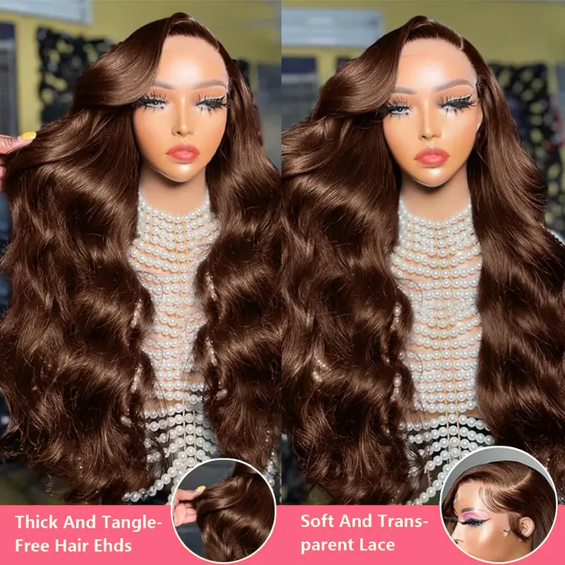 Mamushow 13x6 Chocolate Brown Lace Frontal Wigs Human Hair 200% Density Body Wave HD Transparent Lace Wigs Outdoorfun