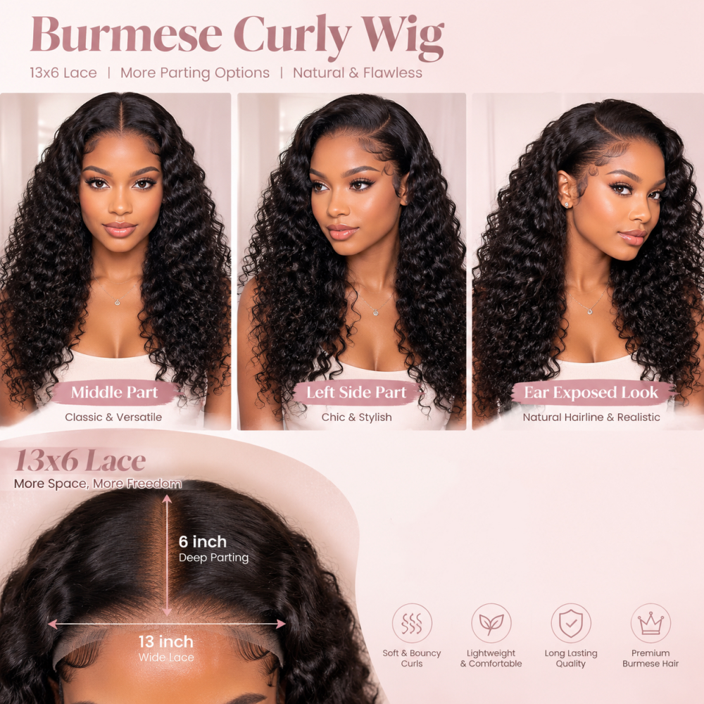 Mamushow 13x6 Lace Frontal Wigs Human Hair Burmese Curly Lace Wigs