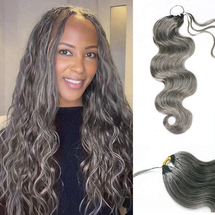 Mamushow Salt&amp;Pepper Feather Crochet Body Wave Human Hair Extensions Lightweight Fluffy Natural Look Crochet Hair