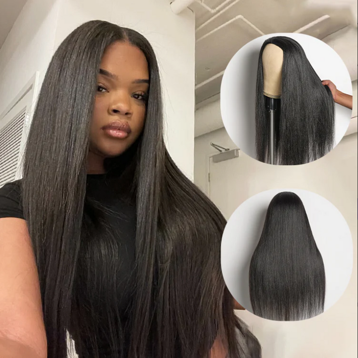 3-in-1 Yaki Straight Half Wig Human Hair 180% Density Glueless Drawstring Wig Flexi-Fit Easy Wear