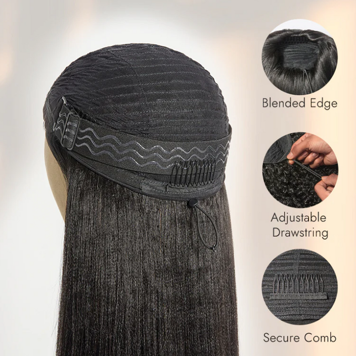 3-in-1  Kinky Straight Half Wig Human Hair 180% Density Glueless Drawstring Wig Flexi-Fit Easy Wear