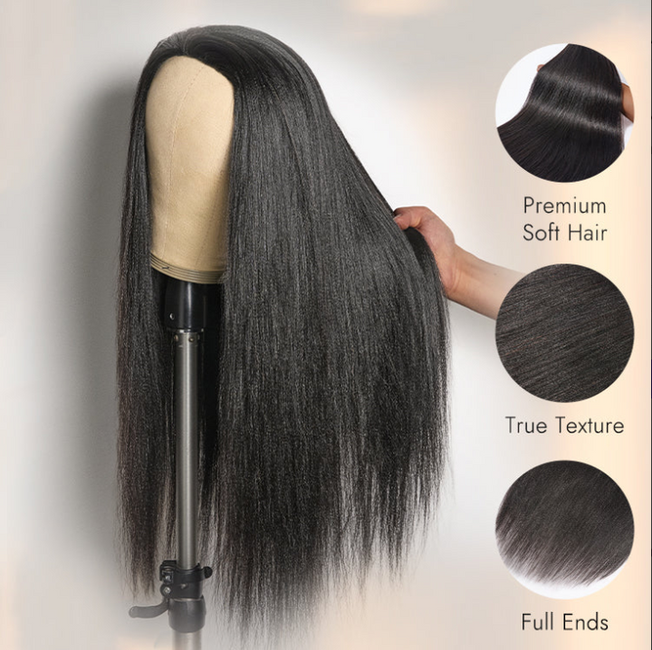 3-in-1  Kinky Straight Half Wig Human Hair 180% Density Glueless Drawstring Wig Flexi-Fit Easy Wear