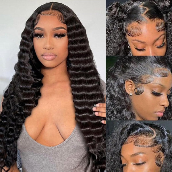 360 Lace Loose Deep Wave Wig Human Hair Invisible Drawstring Flexi-Fit Pre-Plucked Pre-Bleached Pre-Cut
