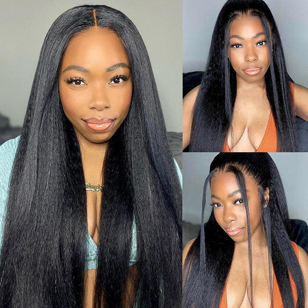 360 Lace Yaki Straight Wig Human Hair Invisible Drawstring Flexi-Fit Pre-Plucked Pre-Bleached Pre-Cut