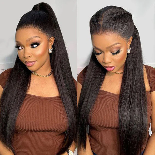 360 Lace Yaki Straight Wig Human Hair Invisible Drawstring Flexi-Fit Pre-Plucked Pre-Bleached Pre-Cut