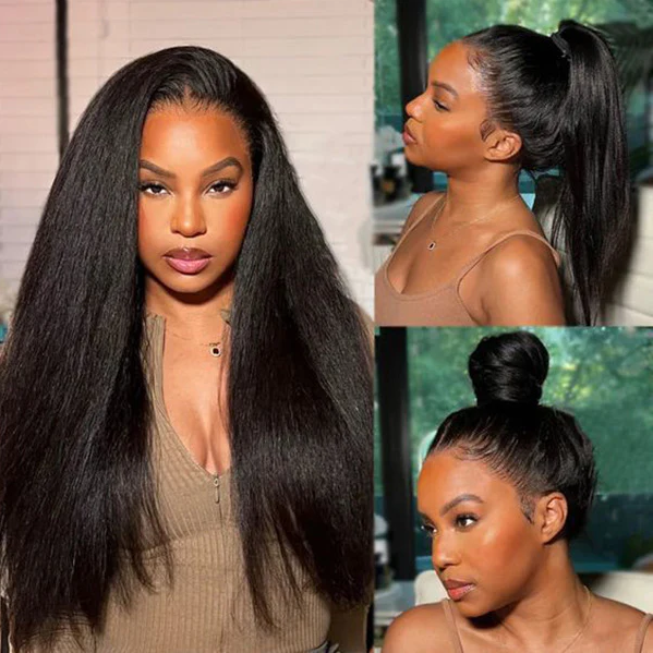 360 Lace Yaki Straight Wig Human Hair Invisible Drawstring Flexi-Fit Pre-Plucked Pre-Bleached Pre-Cut