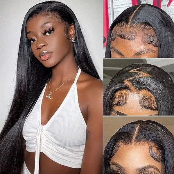 360 Lace Straight Wig Human Hair Invisible Drawstring Flexi-Fit Pre-Plucked Pre-Bleached Pre-Cut