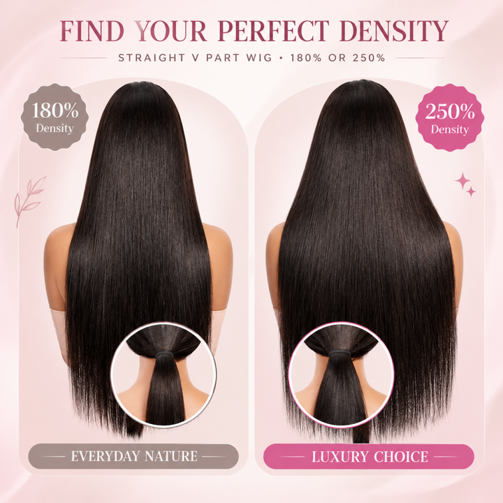 V Part Wig Straight Human Hair 180% / 250% Density Glueless Wig Full Head