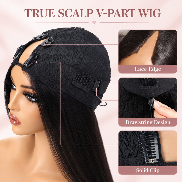 V Part Wig Straight Human Hair 180% / 250% Density Glueless Wig Full Head