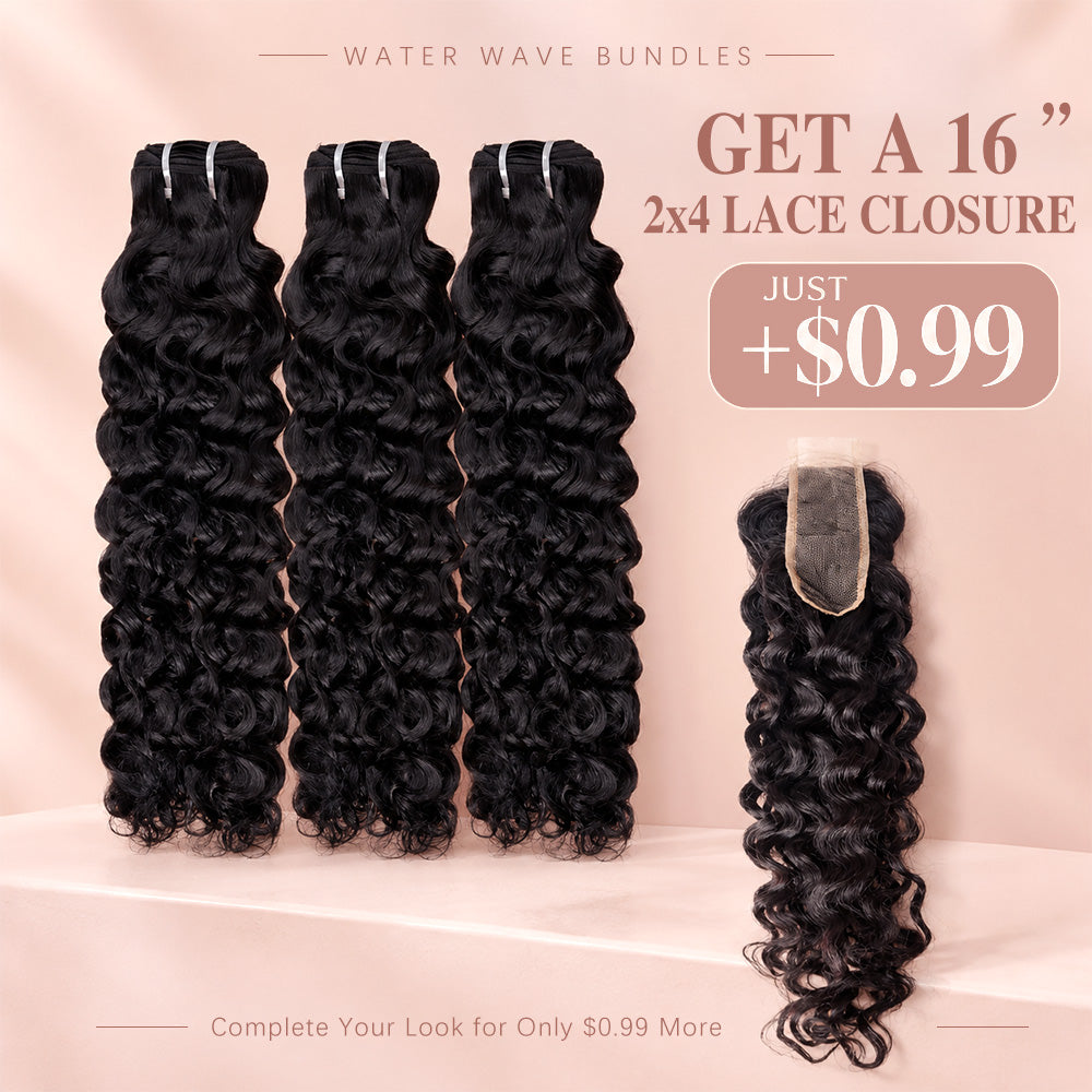 Water Wave Human Hair Bundles With 2x4 Lace Closure