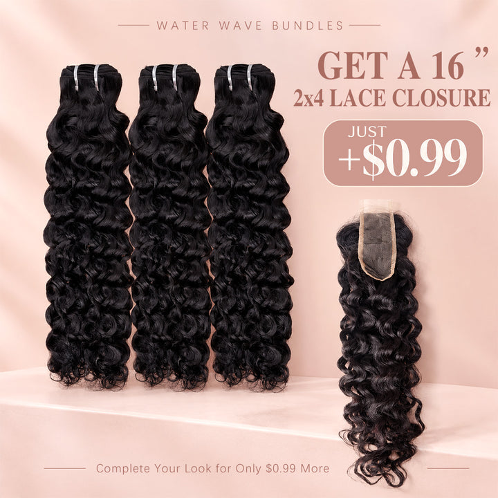 Water Wave Human Hair Bundles With 2x4 Lace Closure