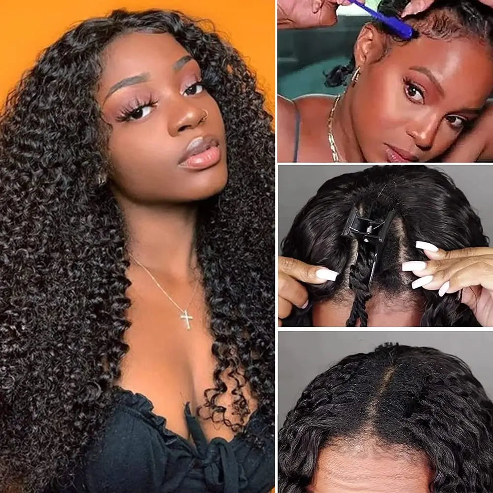 【Updated Drawstring】Mamushow Curly V Part Wig Human Hair Glueless Invisible Strap Drawstring 180% Density Natural Black