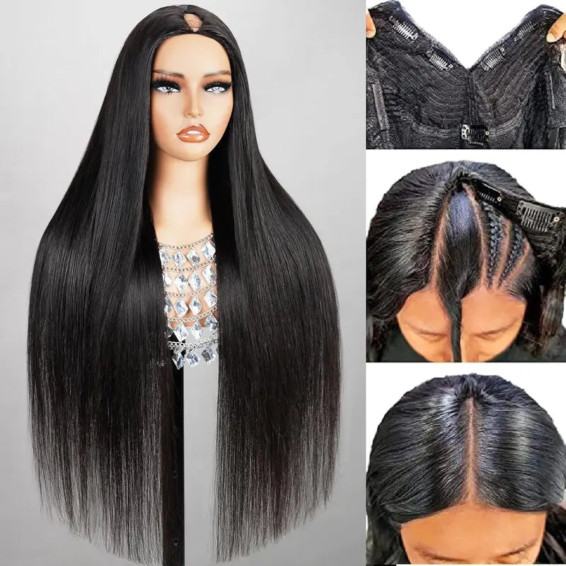 【Updated Drawstring】Mamushow Straight V Part Wig Human Hair Glueless Invisible Strap Drawstring 180% Density Natural Black
