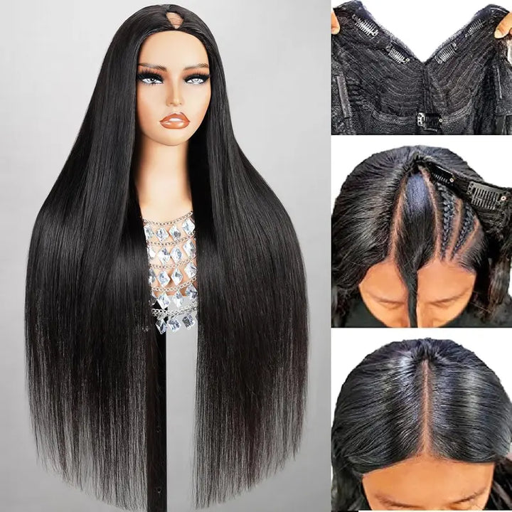 【Updated Drawstring】Mamushow Straight V Part Wig Human Hair Glueless Invisible Strap Drawstring 180% Density Natural Black