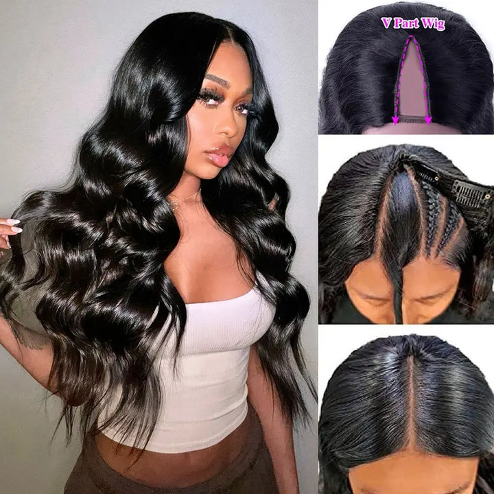 【Updated with Drawstring】Mamushow Body Wave V Part Wigs With Invisible Strap Drawstring 100% Human Virgin Hair Glueless Wig 180% Density Natural Black