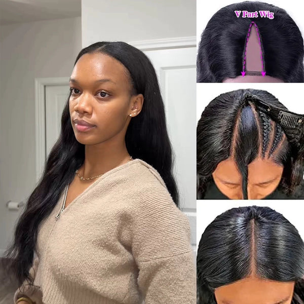 【Updated with Drawstring】Mamushow V Part Wigs With Invisible Strap Drawstring 100% Human Virgin Hair Body Wave Glueless Wig 180% Density Natural Black