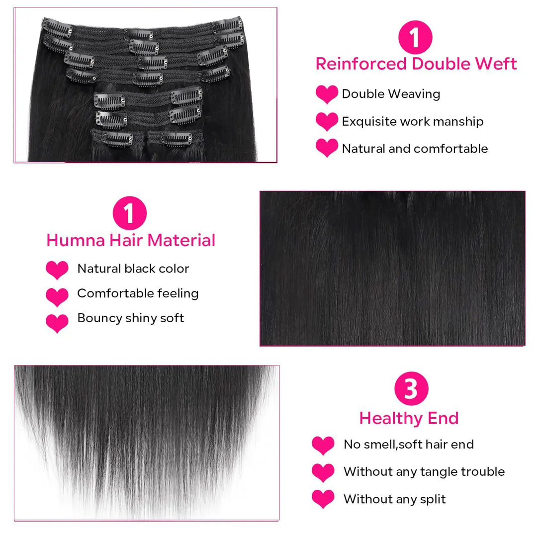 Mamushow Straight Seamless PU Clip-In Human Hair Extensions Natural Black 120g 8 Pcs 18 Clips 12-30 Inch