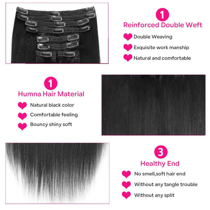 Mamushow Straight Seamless PU Clip-In Human Hair Extensions Natural Black 120g 8 Pcs 18 Clips 12-30 Inch