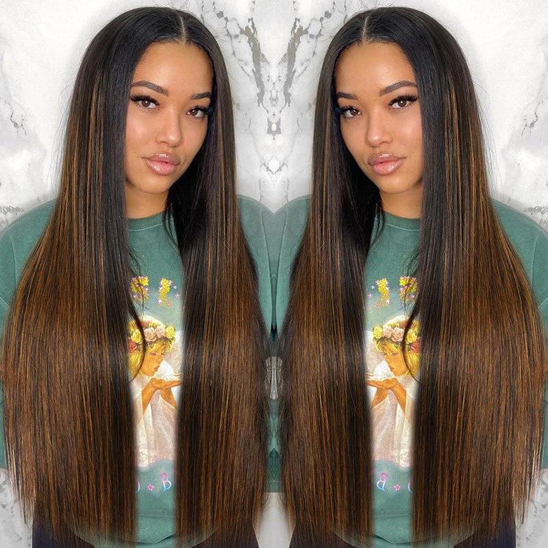 FB30 Highlight Balayage Straight V Part Wig 22-26Inch Vpart Wig 180% Density Human Hair Wig