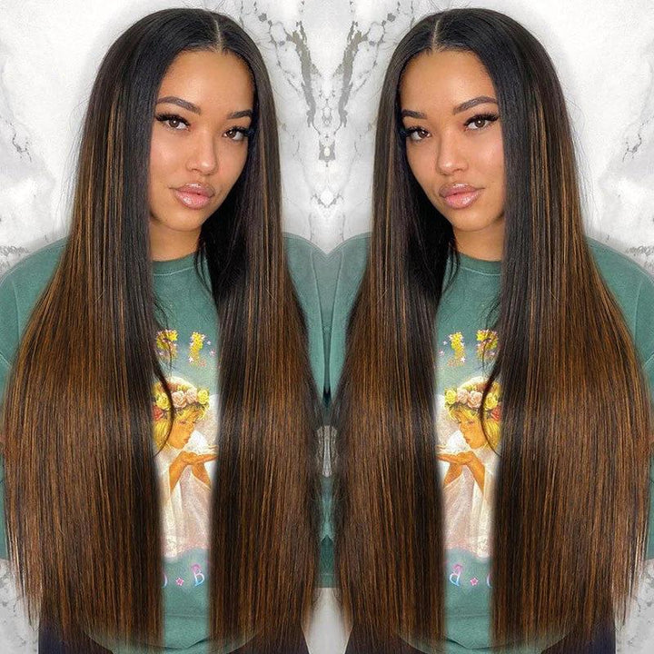 FB30 Highlight Balayage Straight V Part Wig 22-26Inch Vpart Wig 180% Density Human Hair Wig