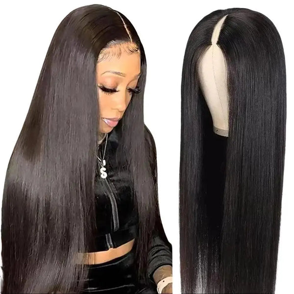 【Updated Drawstring】Mamushow Straight V Part Wig Human Hair Glueless Invisible Strap Drawstring 180% Density Natural Black