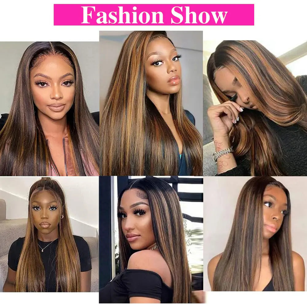 Highlight Ombre Brown V Part Wig Straight Human Hair 180% Density Glueless Clip-In Wig Full Head 