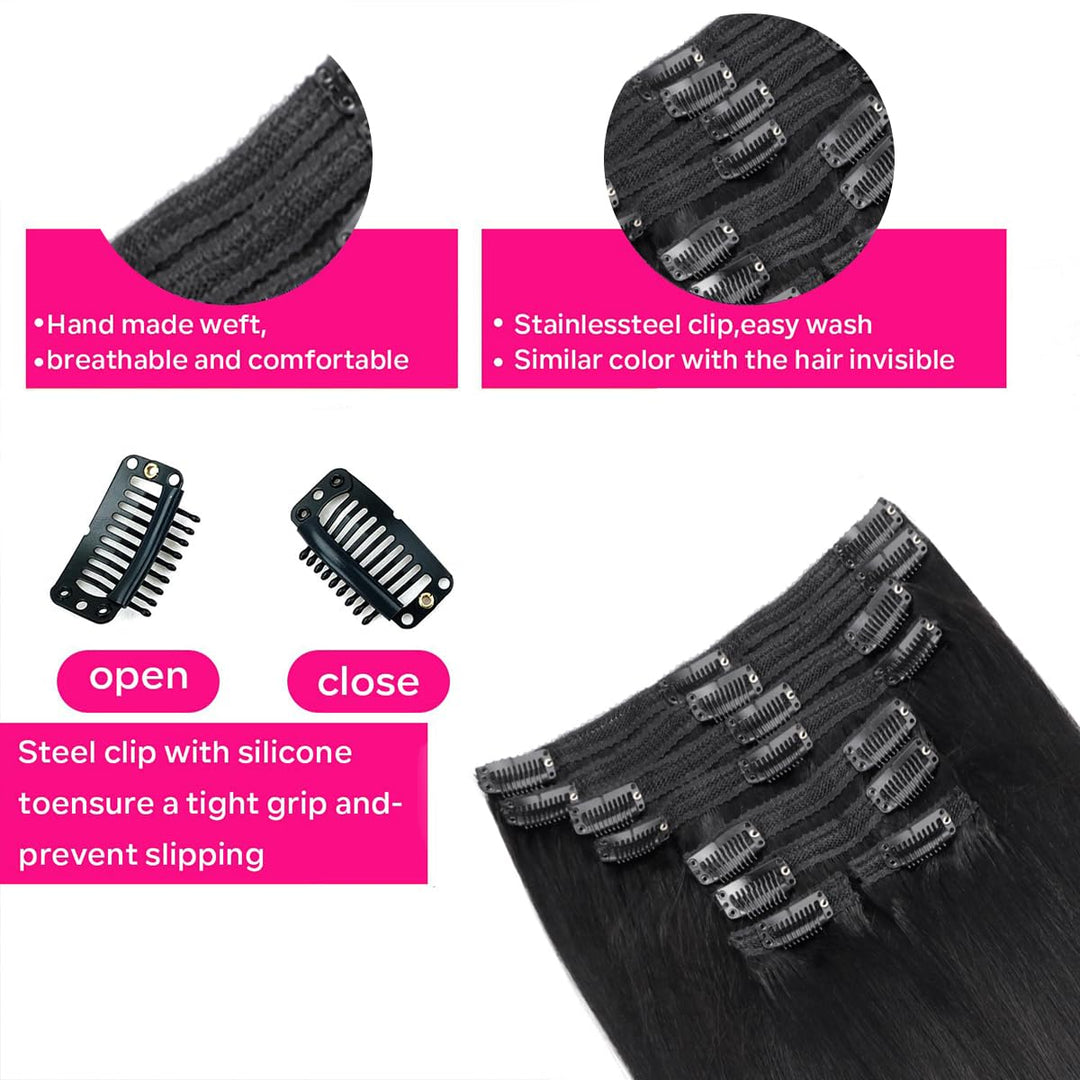 Mamushow Straight Seamless PU Clip-In Human Hair Extensions Natural Black 120g 8 Pcs 18 Clips 12-30 Inch