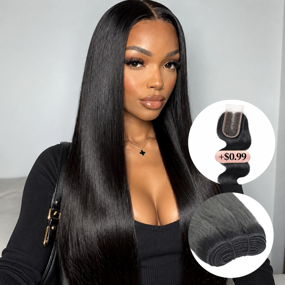 Straight Human Hair Bundles With 2x4 Lace Closure