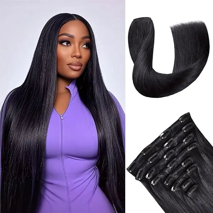 Mamushow Straight Seamless PU Clip-In Human Hair Extensions Natural Black 120g 8 Pcs 18 Clips 12-30 Inch