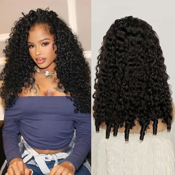 【Updated Drawstring】Mamushow Burmese Curly V Part Wig Human Hair Glueless Invisible Strap Drawstring 180% Density Natural Black