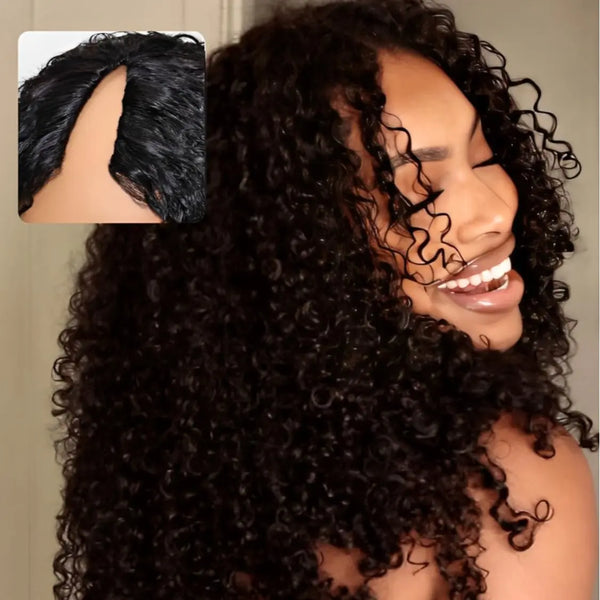 【Updated Drawstring】Mamushow Curly V Part Wig Human Hair Glueless Invisible Strap Drawstring 180% Density Natural Black