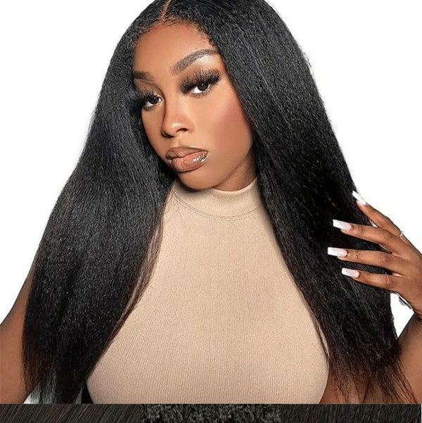 【Updated Drawstring】Mamushow Yaki Straight V Part Wig Human Hair Glueless Invisible Strap Drawstring 180% Density Natural Black