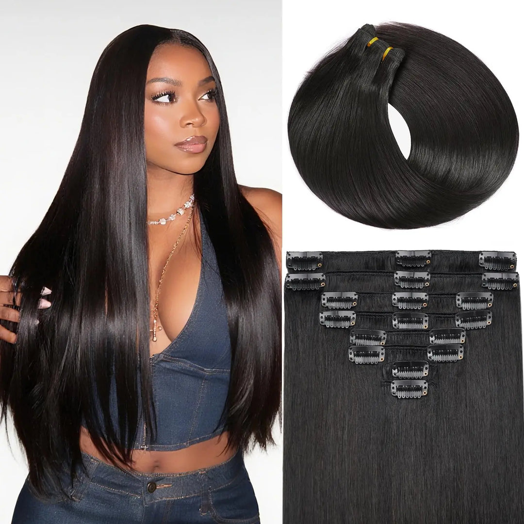 Mamushow Straight Seamless PU Clip-In Human Hair Extensions Natural Black 120g 8 Pcs 18 Clips 12-30 Inch