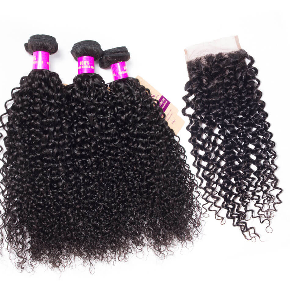 Brazilian Curly Hair With 4*4 Lace Closure 3 Bundles Virgin