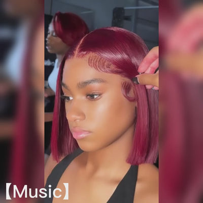 Blunt Cut Neck Length 13x5×1 T Part Straight Bob Wig With Dark Red Burgundy Color