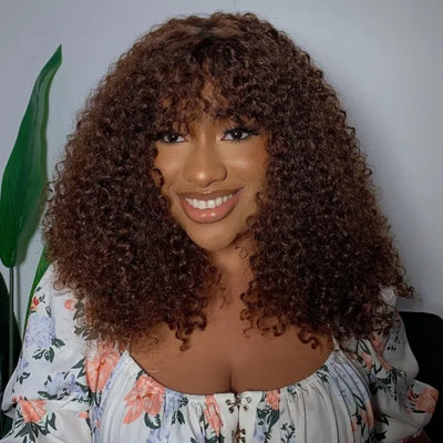 Glueless Ready To Wear Dark Auburn Short Curly Afro Wig With Bangs