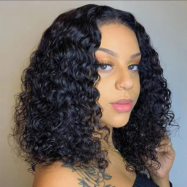 12A Grade Deep Curly Bob Wigs Glueless Natural Black Human Hair 4x4 Lace Closure Wig
