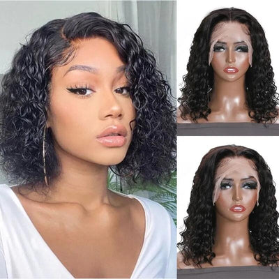 12A Grade Deep Curly Bob Wigs Glueless Natural Black Human Hair 4x4 Lace Closure Wig