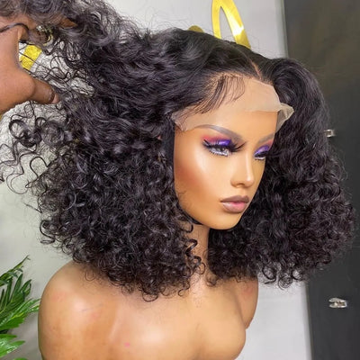 12A Grade Deep Curly Bob Wigs Glueless Natural Black Human Hair 4x4 Lace Closure Wig